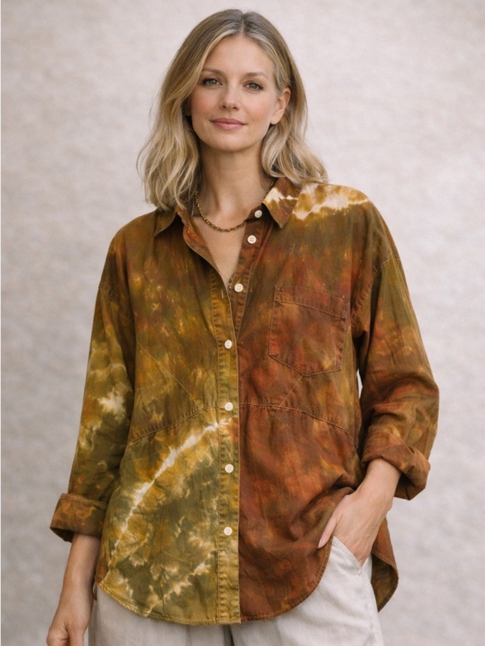 POSSE Tie Dye Cotton Button Up Shirt Earth Tone Oversized M L